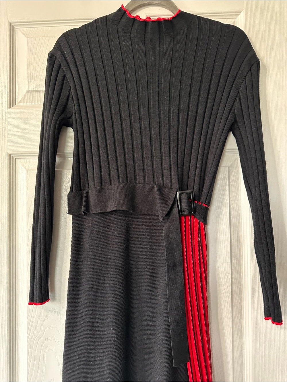 Dalia MacPhee Black Ribbed Knit Dress with Red Trim